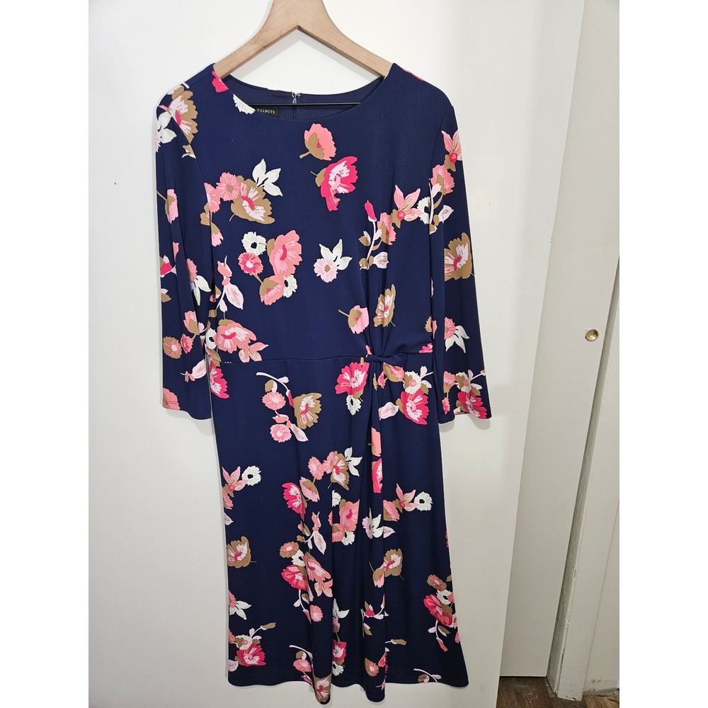 Talbots Navy Pink Floral Side Knot Twist Jersey Midi Dress Womens 16 3/4 Sleeve
